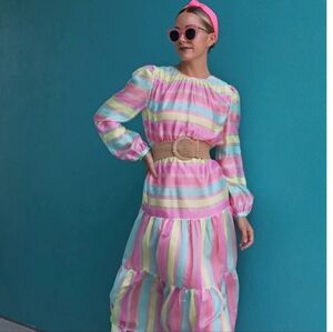 Halogen X Atlantic Pacific Pastel Rainbow Striped Tiered Dress XL BNWT